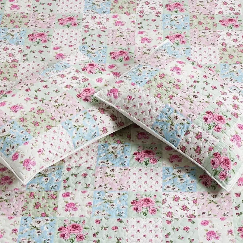 Ditsy Cottage Pink Floral Printed Patchwork QueenQuilt Set Farmhouse Shabby Chic